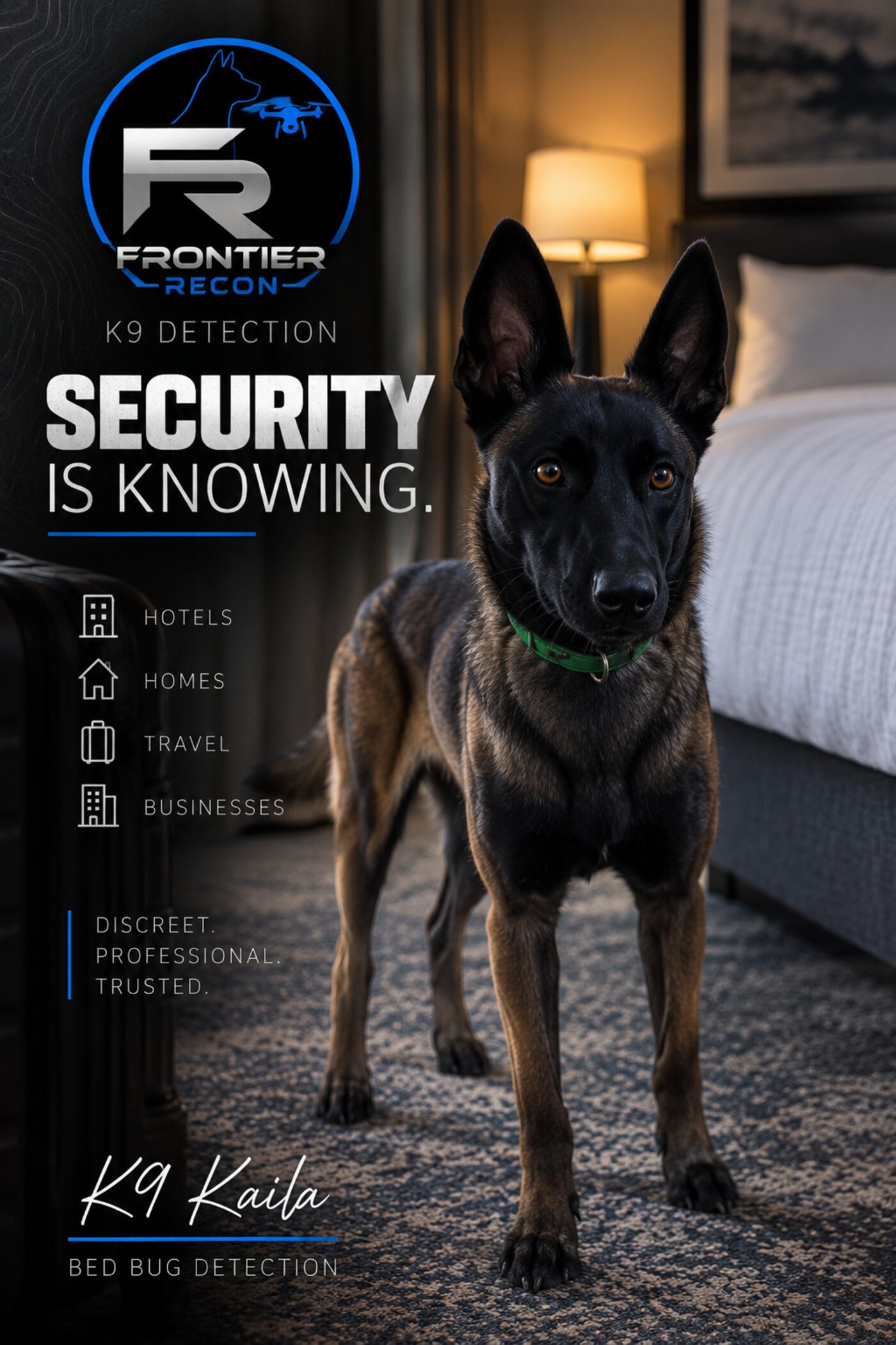 K9 Kaila, Frontier Recon's professional bed bug detection K9, working a hotel room